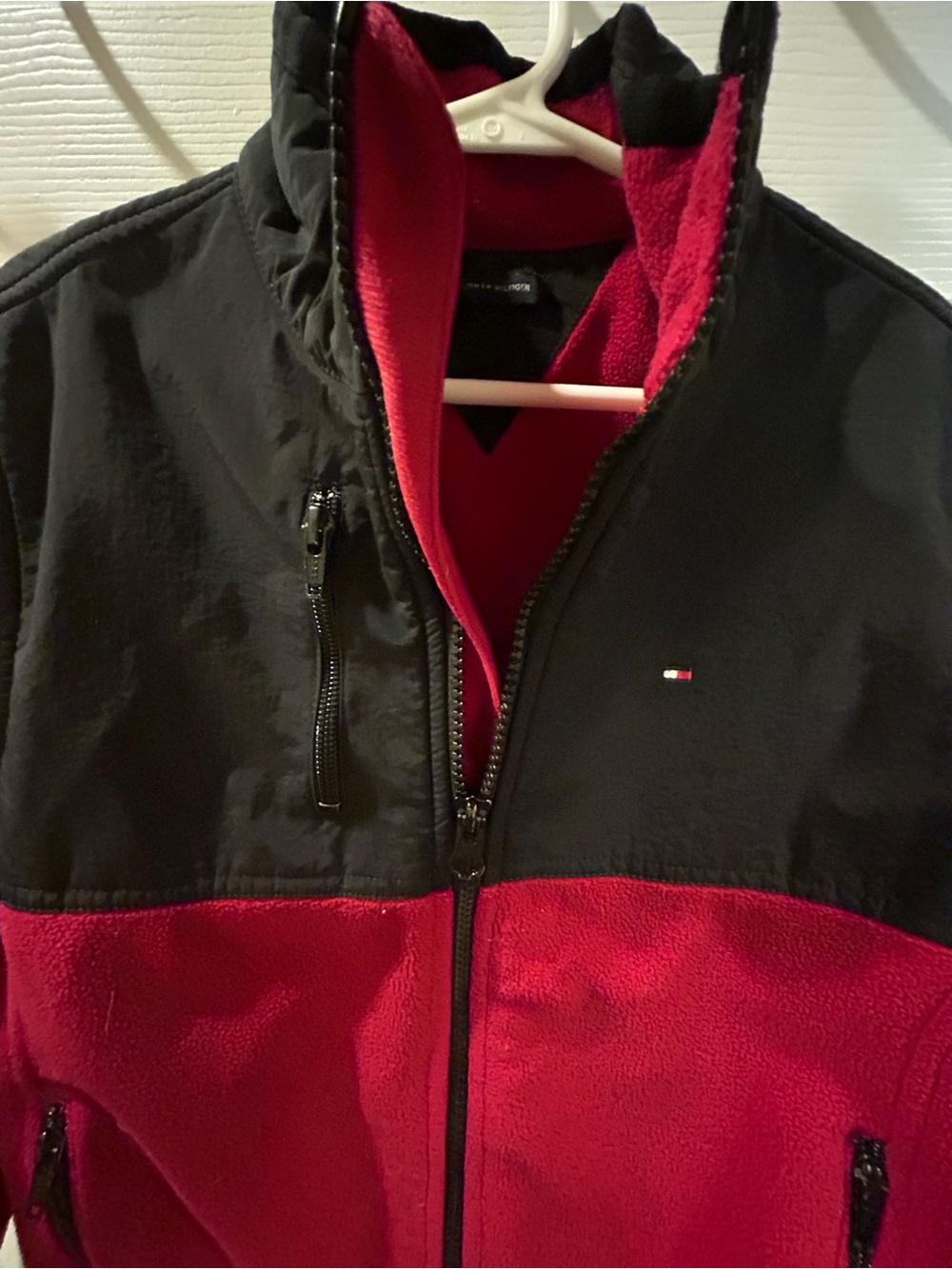 Hilfiger Boys Fleece Jacket Full Zip Red Black Colorblock Mock Neck Size 7/8